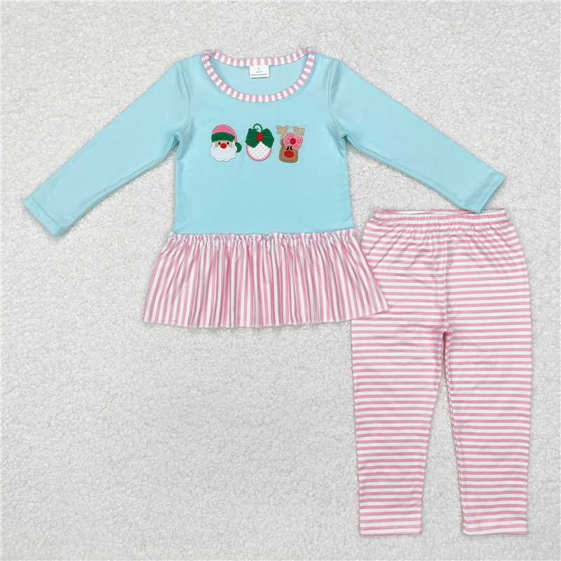 GLP1770 Embroidered Santa Claus reindeer pink lace stripes blue long sleeve trousers suit