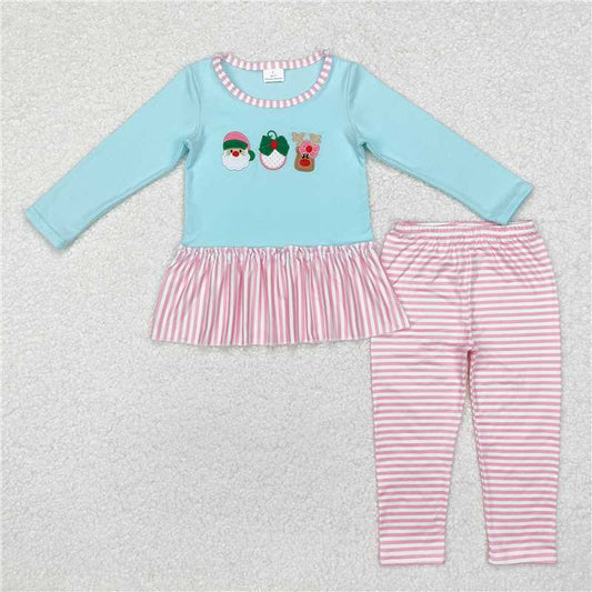 GLP1770 Embroidered Santa Claus reindeer pink lace stripes blue long sleeve trousers suit