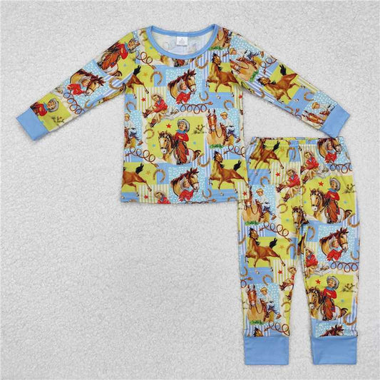 BLP0915 Modal horse riding boy yellow and blue long sleeve long pants pajama set