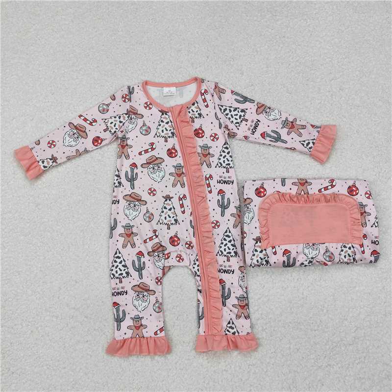 LR1675 Cowboy hat Santa Claus cactus gingerbread man pink zipper long sleeve jumpsuit