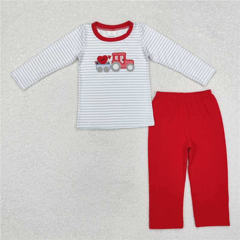 BLP0932 Embroidered heart tractor striped long-sleeved red trousers suit