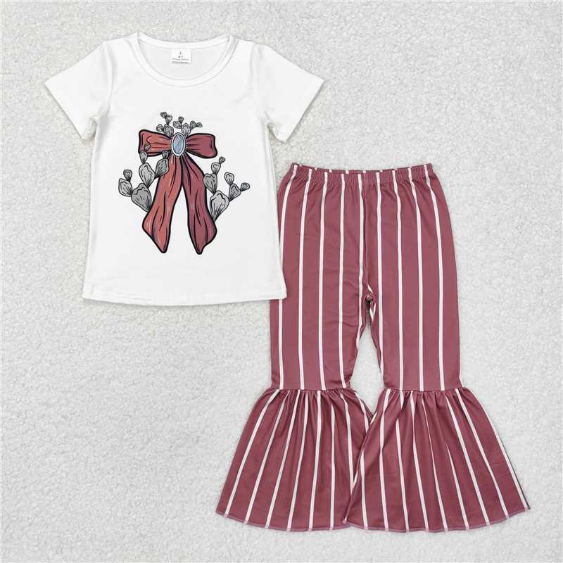 GSPO1704 Cactus bow white short-sleeved brown striped trousers suit