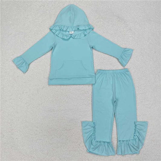 GLP2057 Solid blue green lace hooded long-sleeved trousers suit