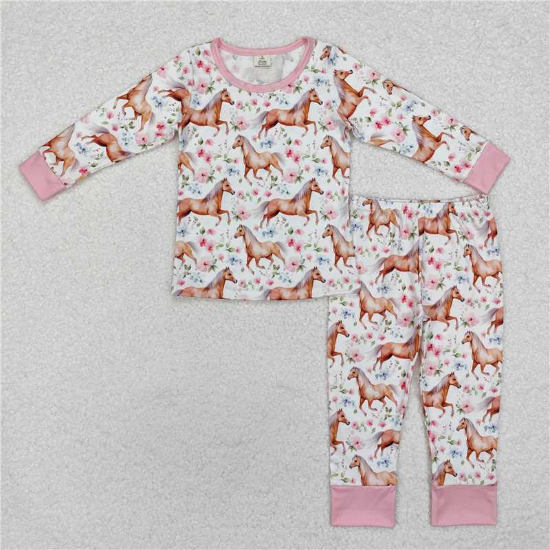 GLP1831 Modal horse flower pink and white long-sleeved trousers pajamas set