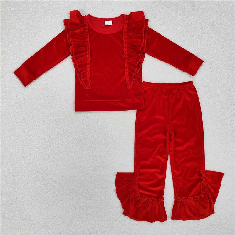 GLP2164 Gold Velvet Solid Red Lace Long Sleeve Pants Set