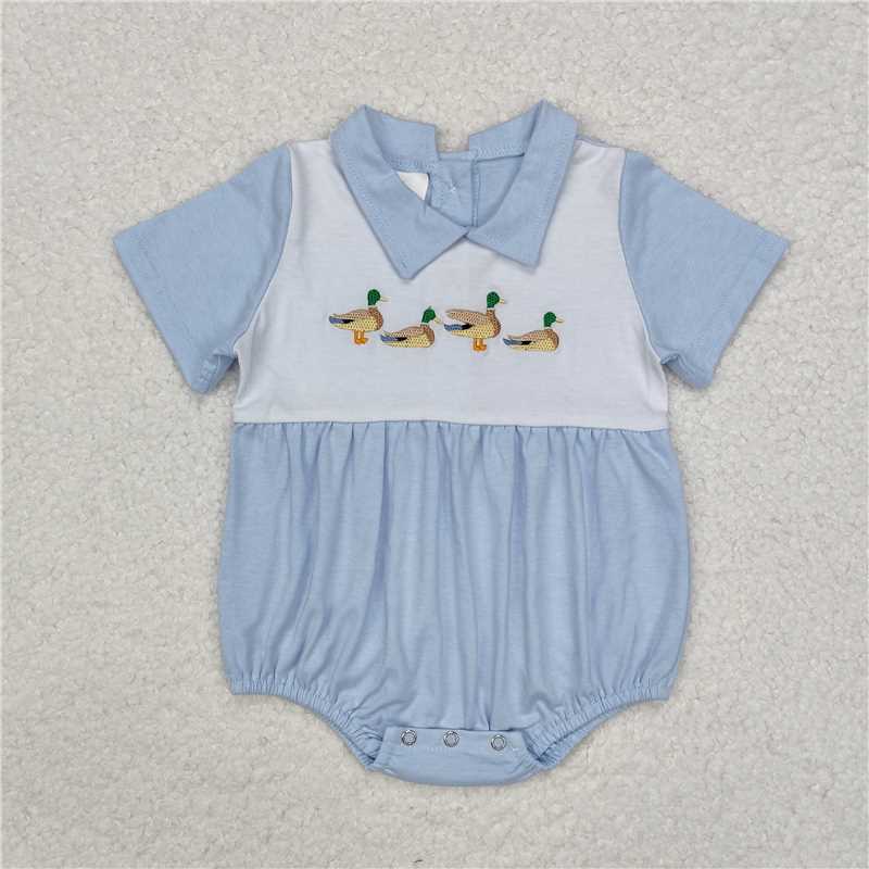 SR2071 Embroidered duck blue and white doll collar short-sleeved jumpsuit