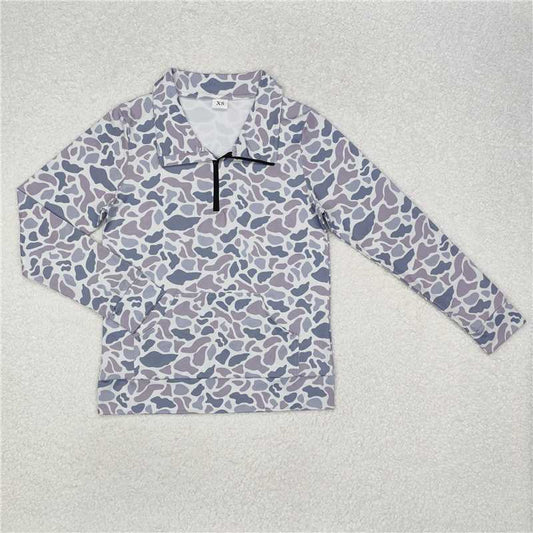 GT0832 Adult female pocket camouflage gray-blue zipper long-sleeved top