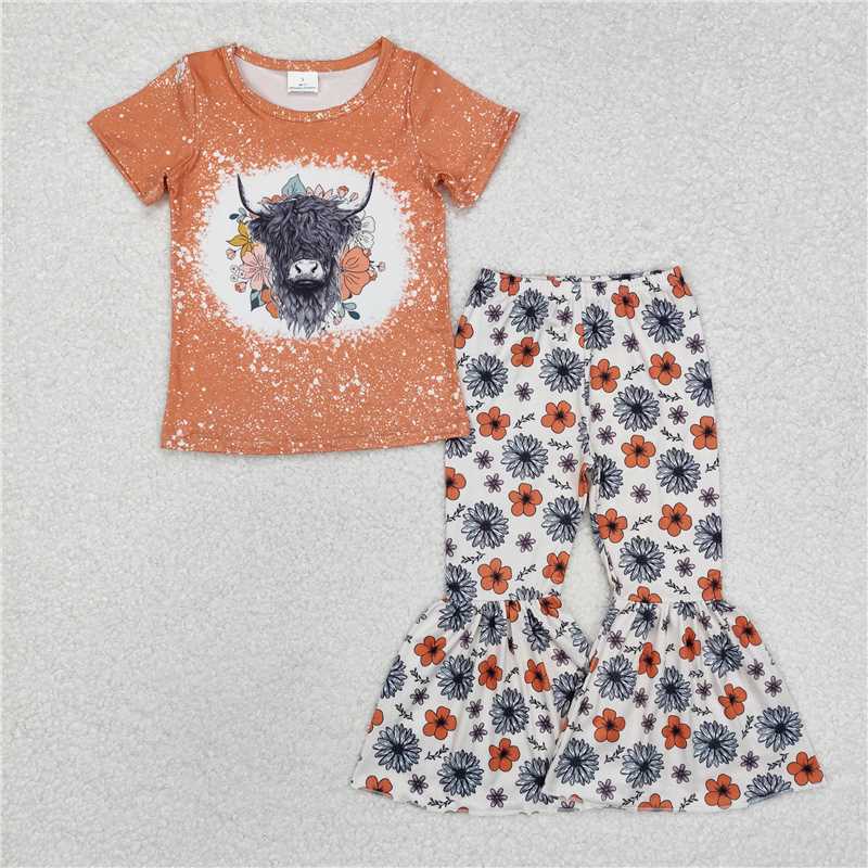 GSPO1525 Flower Mountain Bull Head Brown Short Sleeve Long Pants Set