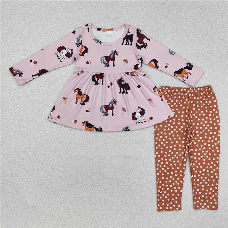 GLP2072 Pony pink long sleeve polka dot brown trousers set