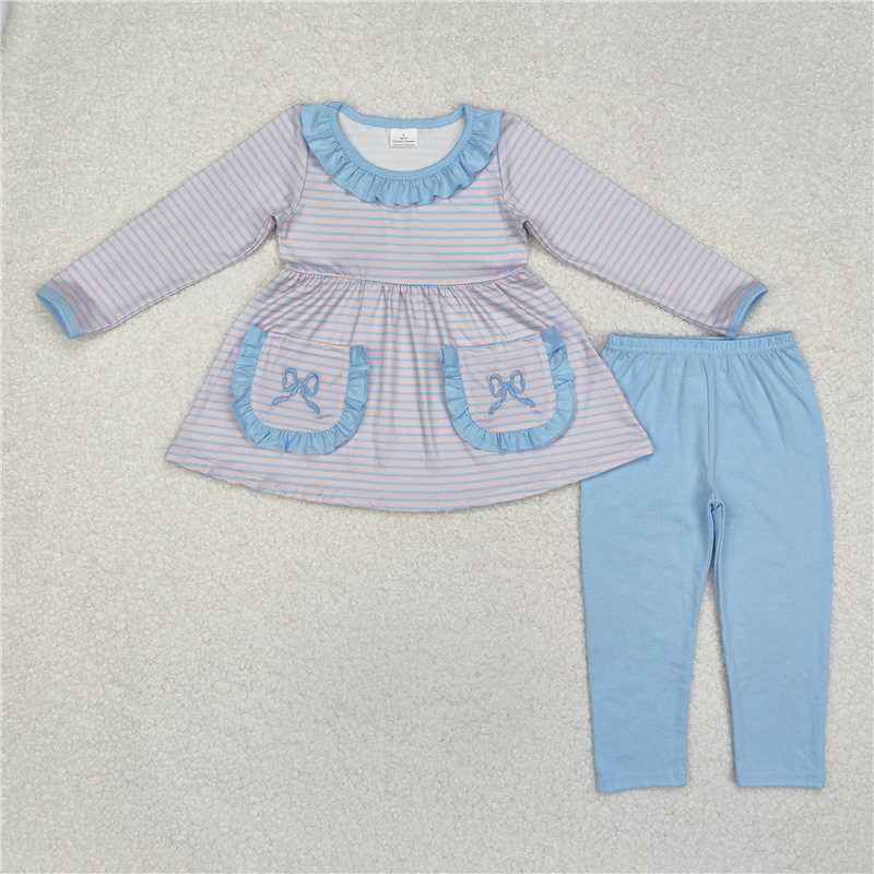 GLP1389 Embroidered blue striped lace bow pattern pocket pink long sleeve trousers set