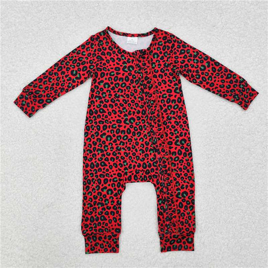 LR1962 Black and green leopard print red lace zipper long sleeve jumpsuit