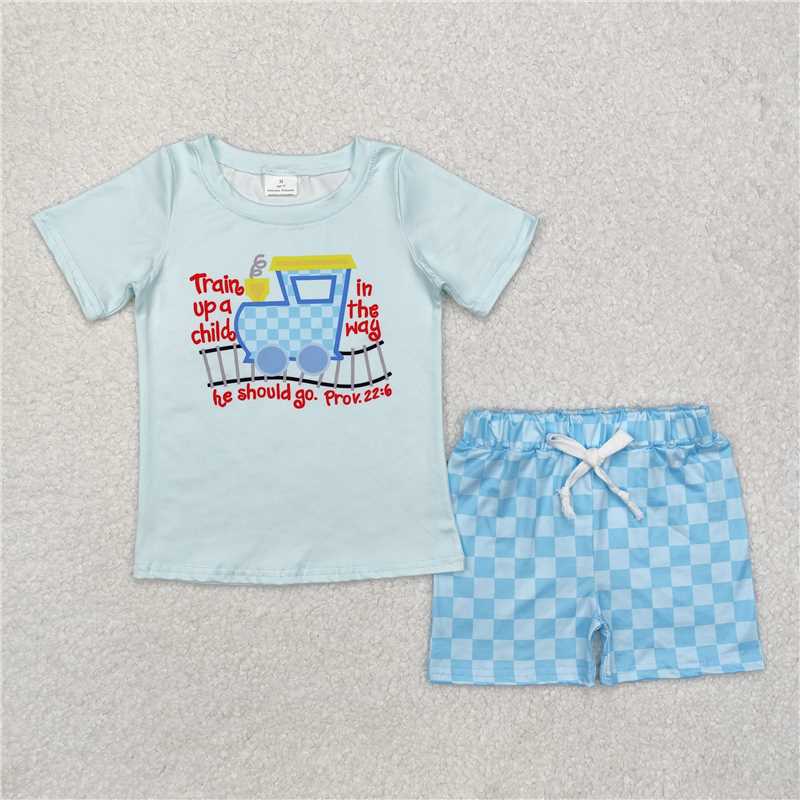 BSSO1128 Blue letter train short-sleeved plaid shorts suit