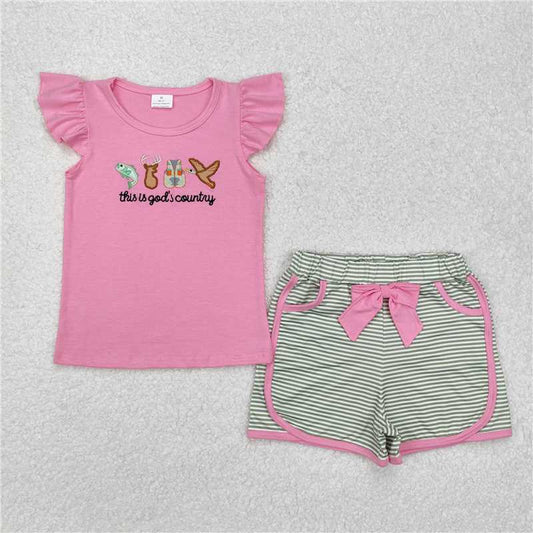 GSSO1614 god's country embroidered fish and deer vest duck pink flying sleeves striped shorts set