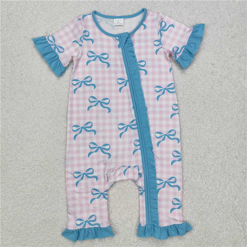 SR2026 Bow pattern blue lace pink plaid zipper short-sleeved jumpsuit