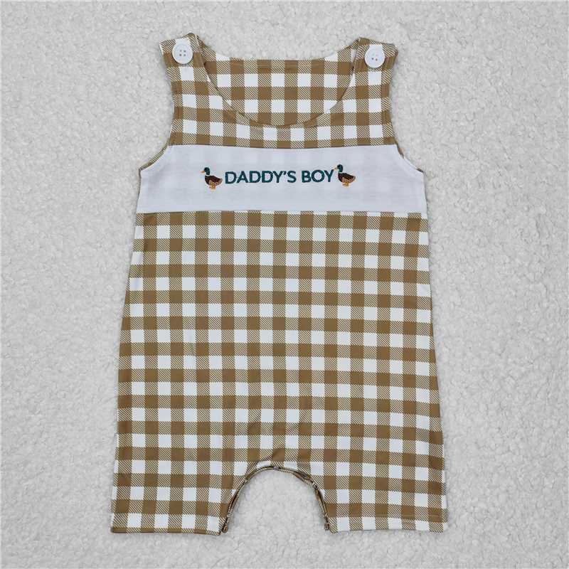 SR2303 Embroidered daddy's boy duck green plaid sleeveless jumpsuit