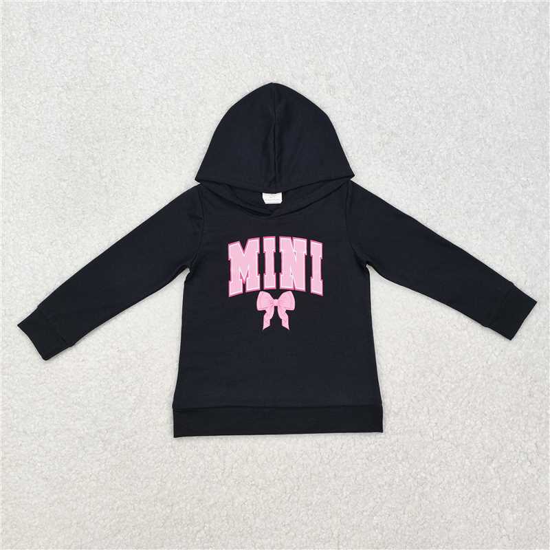 GT0902 Offset mini letters pink bow pattern black hooded long-sleeved top