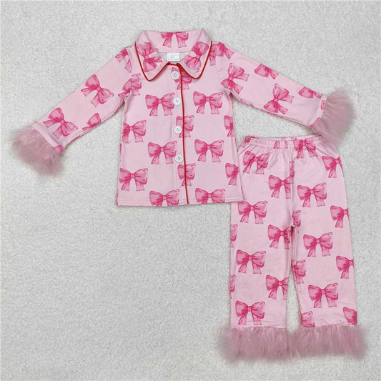 GLP2289 Pink long-sleeved trousers pajamas set with bow pattern and plush edges