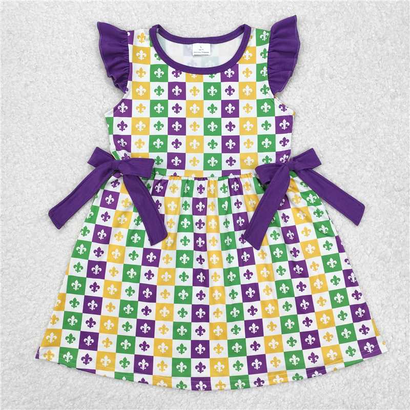 GSD1655 Carnival plaid purple bow flying sleeve dress