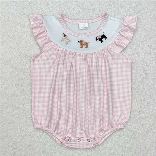 SR2073 Embroidered bow puppy pink plaid vest jumpsuit