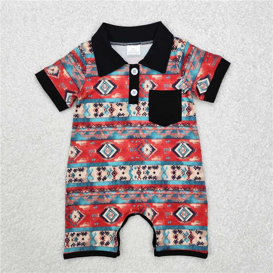 SR2320 Geometric black pocket blue and red short-sleeved jumpsuit