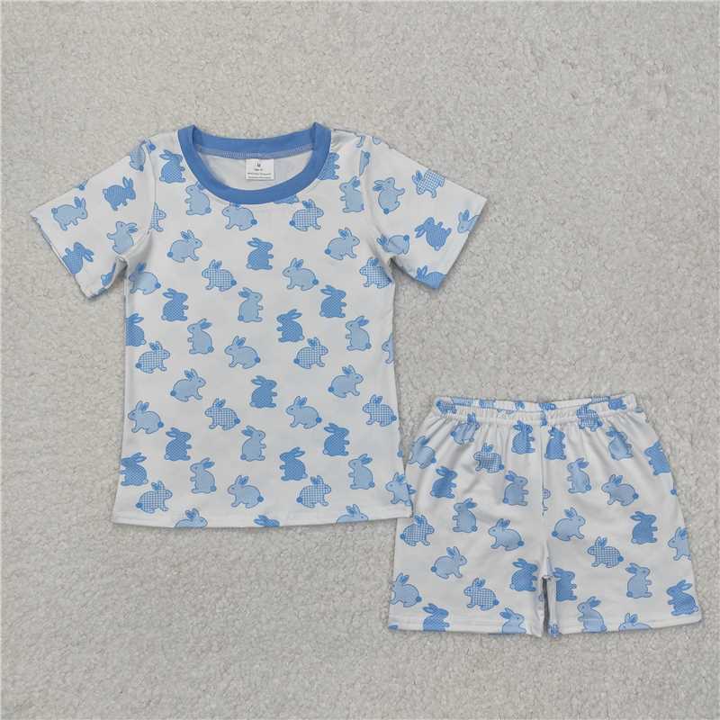 BSSO1163 Easter plaid polka dot bunny blue and white short-sleeved shorts pajama set