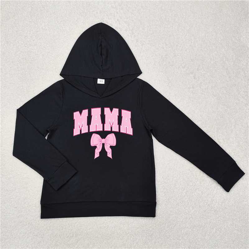 GT0901 Offset printed mama letter pink bow pattern black hooded long-sleeved top