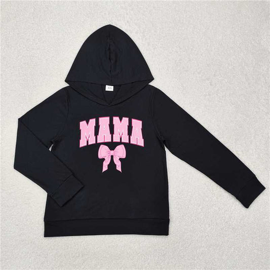 GT0901 Offset printed mama letter pink bow pattern black hooded long-sleeved top