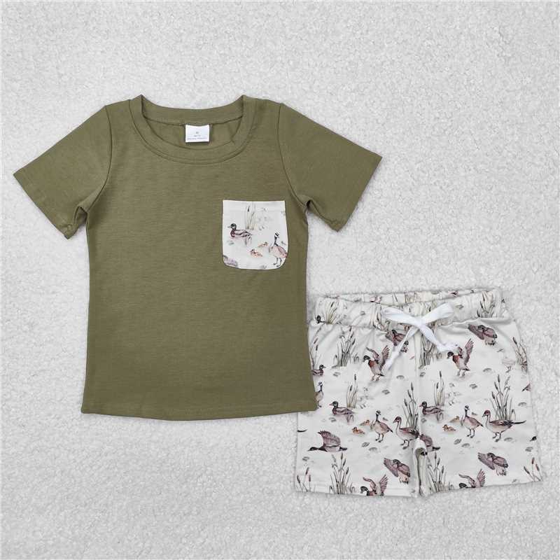 BSSO1175 Duck pocket green short-sleeved shorts set