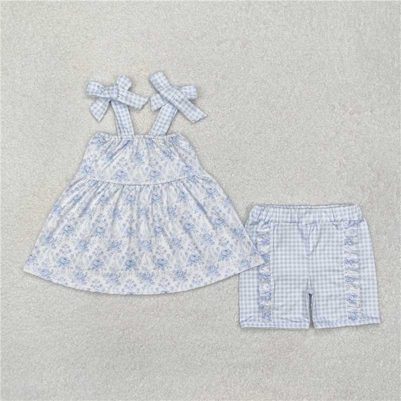 GSSO1716 Flower blue plaid suspender shorts set