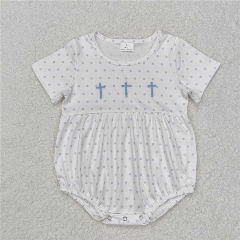 SR2147 Boys Embroidered Blue Cross Polka Dot Short Sleeve Bodysuit