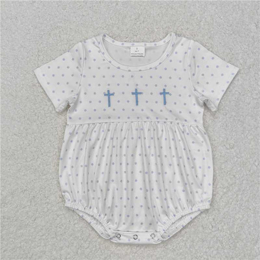 SR2147 Boys Embroidered Blue Cross Polka Dot Short Sleeve Bodysuit