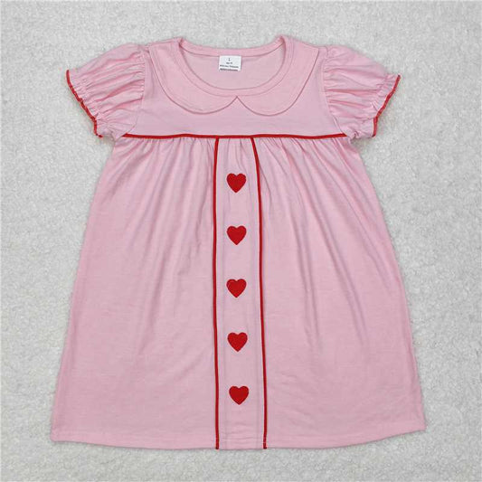 Embroidery Red Heart Pink Doll Collar Short Sleeve Dress