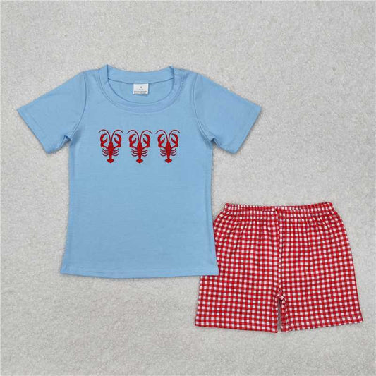 BSSO1161 Embroidered crayfish blue short-sleeved red plaid shorts suit