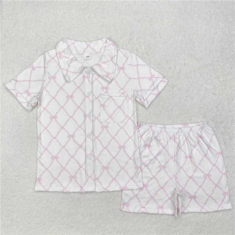 4.9 GSSO1708 Adult female pink bow pattern white short-sleeved shorts pajamas set