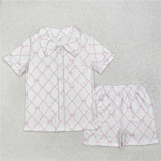 4.9 GSSO1708 Adult female pink bow pattern white short-sleeved shorts pajamas set
