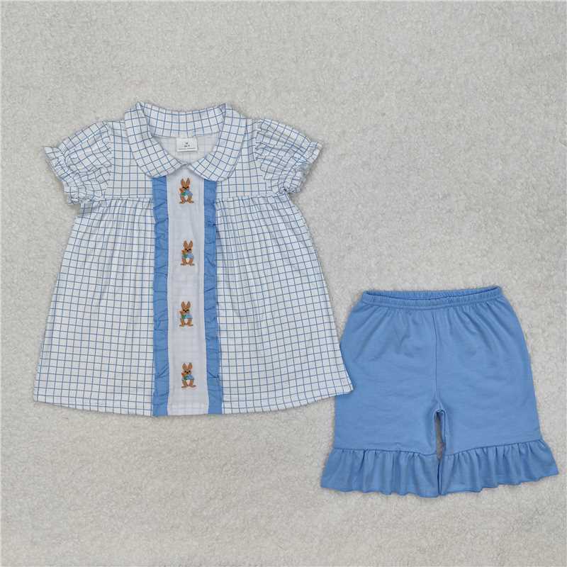 GSSO1583 Embroidered Easter bunny plaid doll collar short-sleeved blue lace shorts set