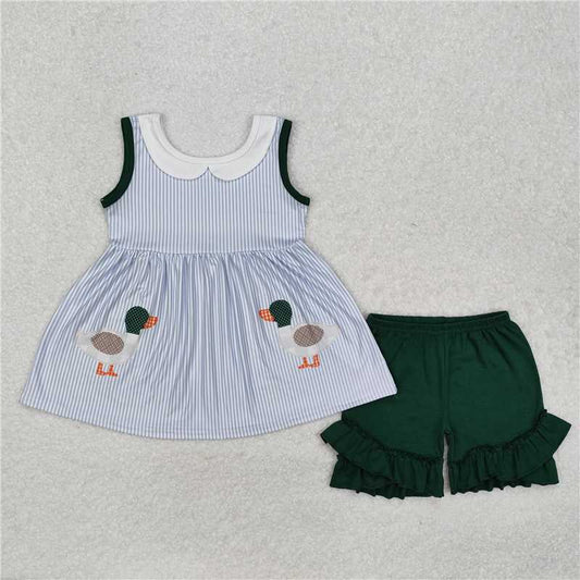 GSSO1658 Duck doll collar blue striped sleeveless green shorts suit