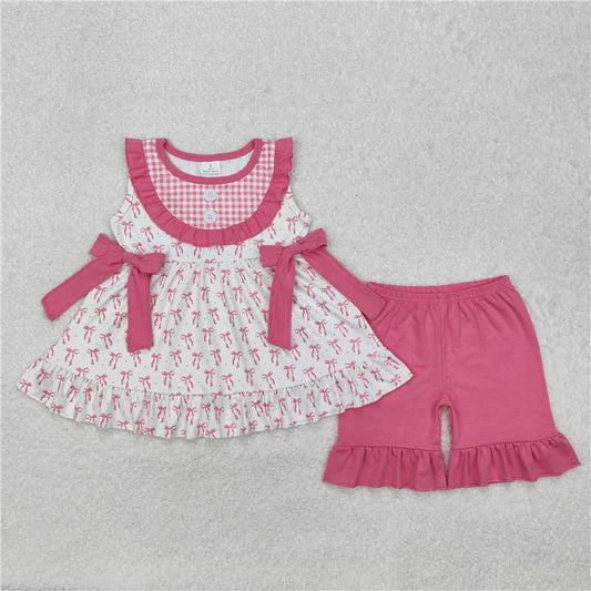 GSSO1639 Bow pattern pink lace plaid sleeveless shorts set