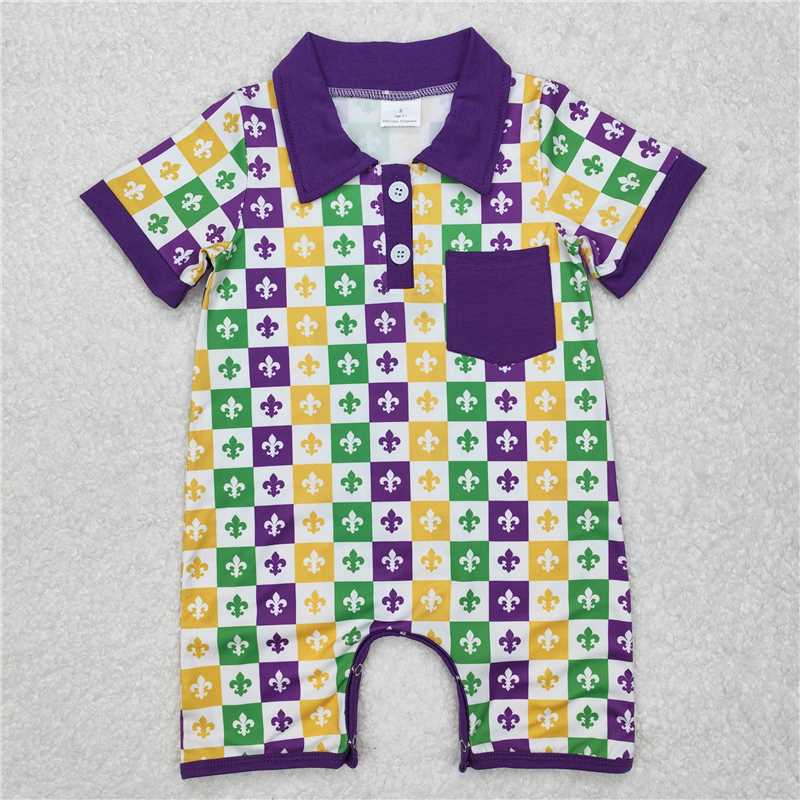 SR2385 Carnival plaid purple pocket short-sleeved jumpsuit