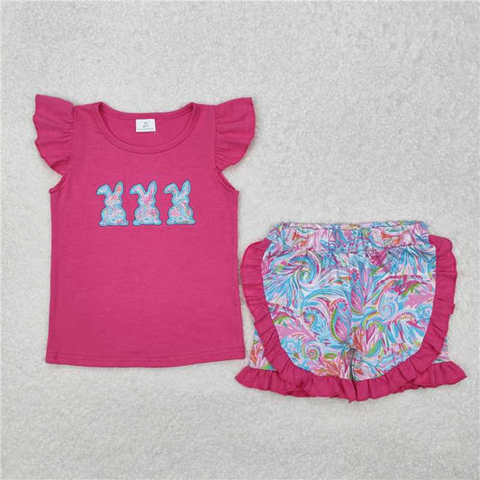 GSSO1466 Embroidered seaweed pattern rabbit rose red flying sleeve shorts set