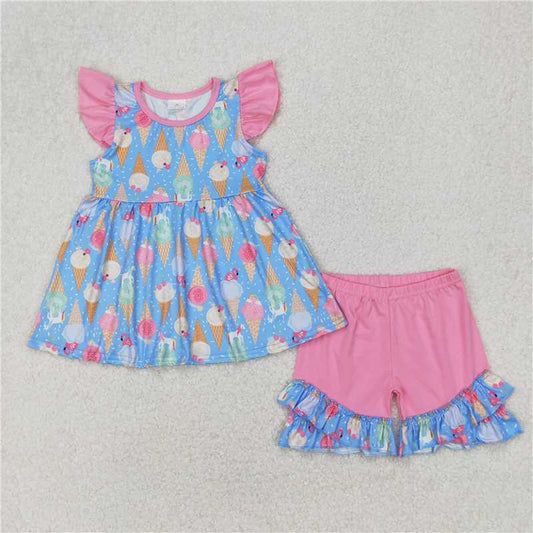 4.1  GSSO2402 Ice cream pink lace blue flying sleeve shorts set