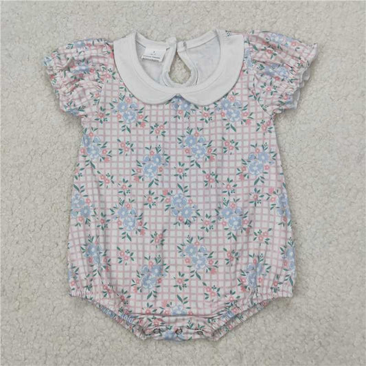 4.1  SR2878 Flower and leaf pink plaid short-sleeved babydoll collar bodysuit