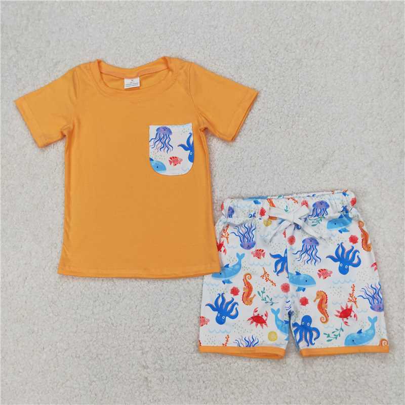 3.25BSSO1299 Seahorse octopus seabed animal pocket orange short-sleeved shorts suit