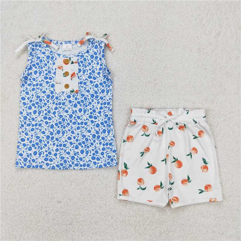 3.25  GSSO2355 Blue floral button sleeveless peach shorts set