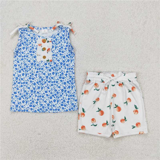 4.1GSSO2355 Blue flower floral button sleeveless peach shorts suit