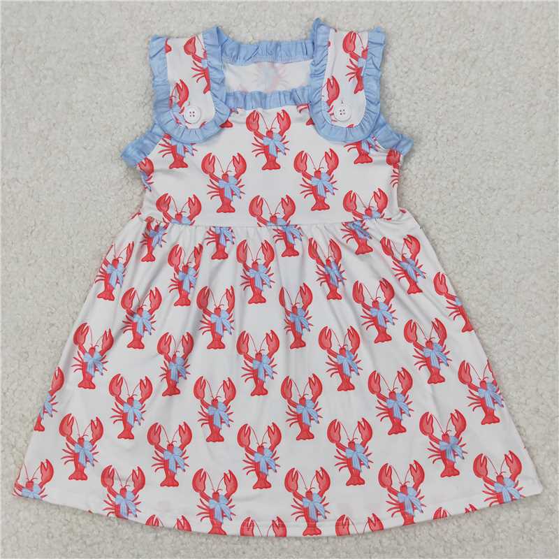 4.1GSD1955 White sleeveless dress with blue bow pattern and crayfish