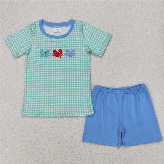 4.2  BSSO1279 Embroidered crab green plaid short-sleeved blue shorts set