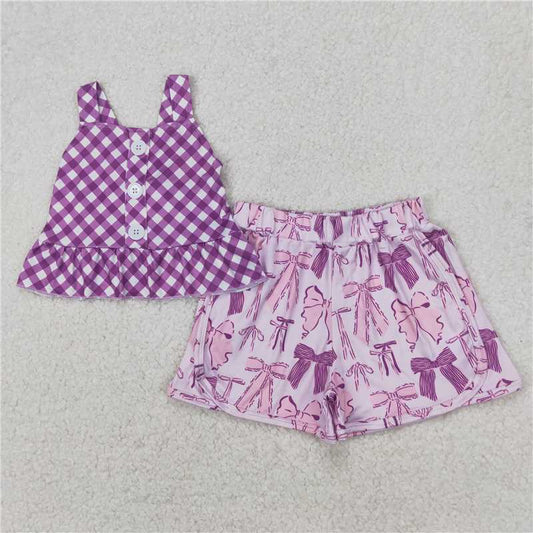 4.1 GSSO2035 Purple plaid suspenders and bow pattern shorts set