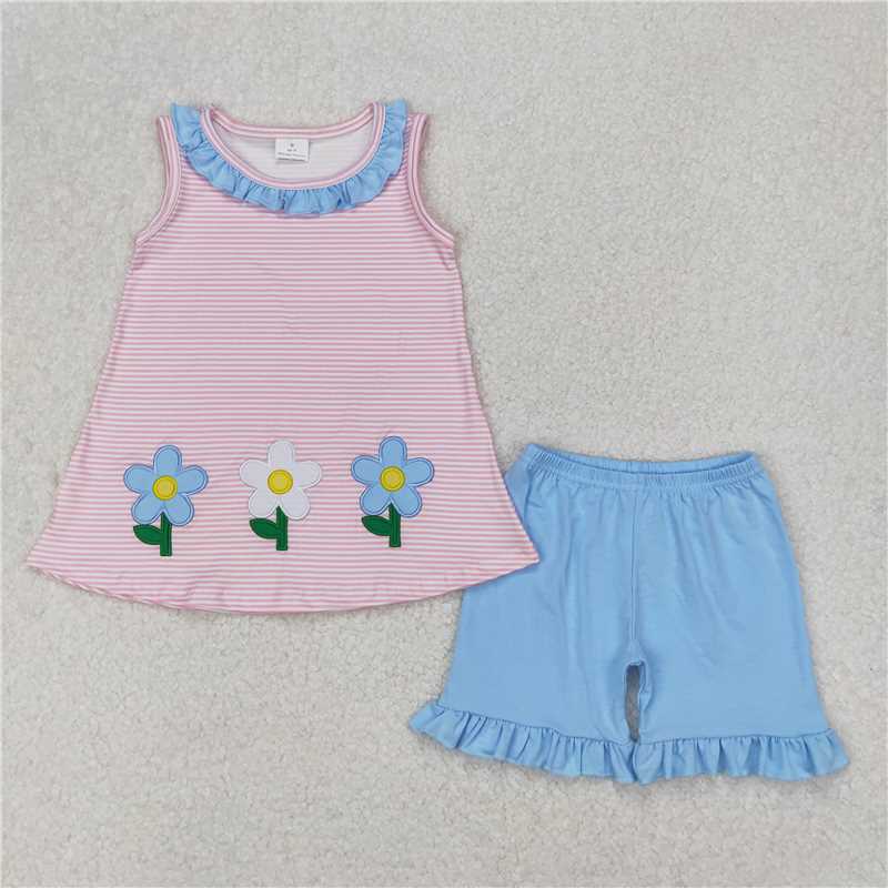 4.7 GSSO1895 Embroidered flower blue lace pink striped sleeveless shorts set