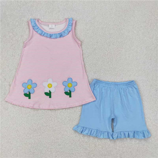 4.7 GSSO1895 Embroidered flower blue lace pink striped sleeveless shorts set